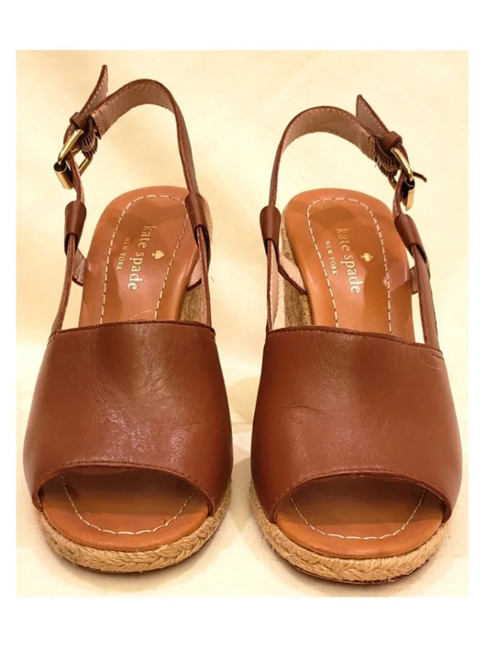 Kate Spade New York Espadrille Wedge Sandals Size 7M Cognac/Brown Leather